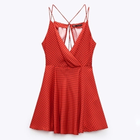 NWT Zara Silky Polka Dot Tie Back Mini Dress Red & Black - Picture 5 of 10